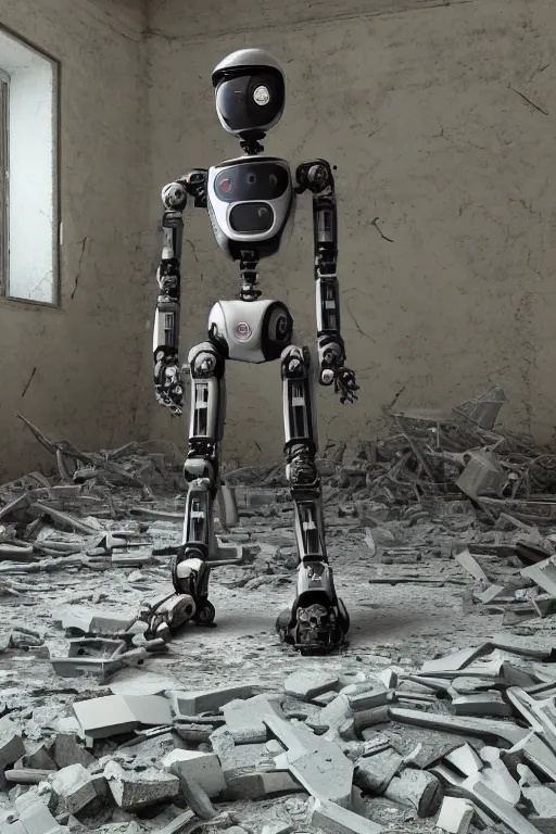 Prompt: A robot designed by DeepThinking is in a destroyed Ukraine museum after the destruction of the USSR, photorealistic render, 4K, Octane render, deep thought, hyperrealistic.