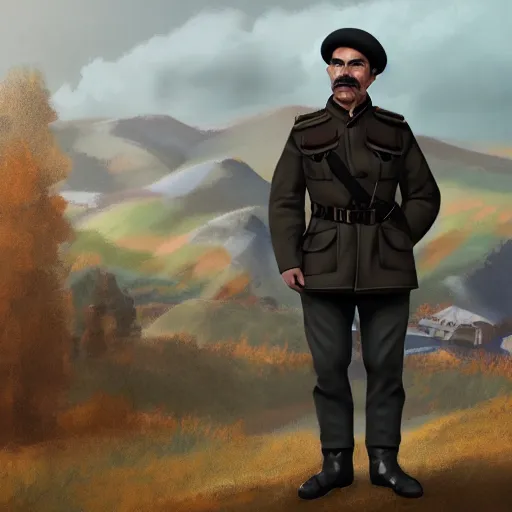 Prompt: fullbody of standing tom selleck, wearing short simple russian ww 1 clothes and blue pants in black fur beanie and black backpack, russian villages at background, style ivan talavera and artgerm, radiant lighting, hyper realistic, photorealistic, octane render, trending on artstation, cgsociety, cinematic light, global illumination, high detailed tom selleck face