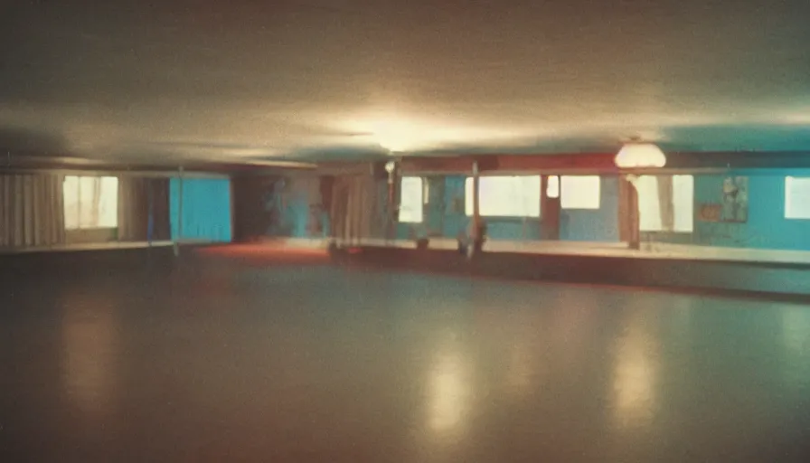 Image similar to 70s movie still of liminal space ballroom , cinestill 800t Technicolor, heavy grain, high quality, criterion collection