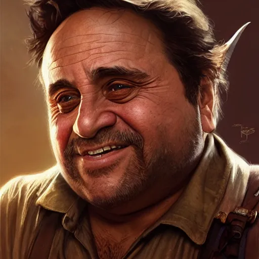 Image similar to Danny DeVito as Nathan Drake, western, D&D, fantasy, intricate, elegant, highly detailed, digital painting, artstation, concept art, matte, sharp focus, illustration, art by Artgerm and Greg Rutkowski and Alphonse Mucha