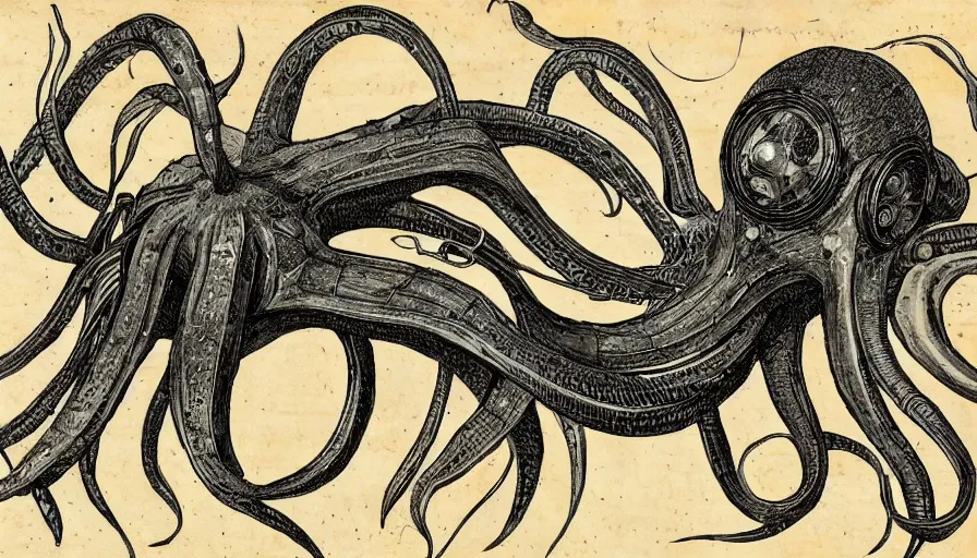 Prompt: encyclopedia drawing of a cyberpunk squid, manuscript, detailed