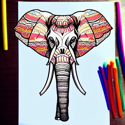 Prompt: an elephant with its two ears and its trunk, colouring - in sheet, character art, sharp focus, highly detailed, artstation