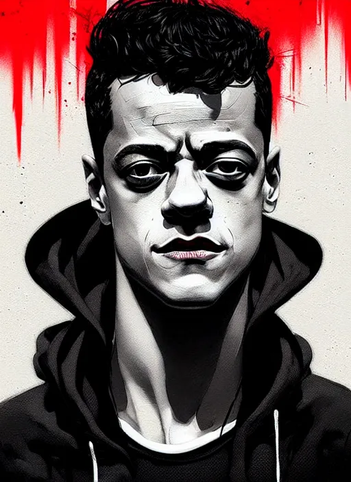 Image similar to highly detailed moody portrait of rami malek, elliot anderson, black hoody by atey ghailan, by greg rutkowski, by greg tocchini, by james gilleard, by joe fenton, by kaethe butcher, gradient red, black and white color scheme, grunge aesthetic!!! ( ( graffiti tag wall background ) )