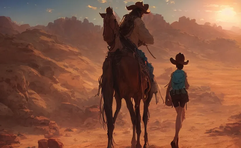 Image similar to a scene of a camper in the desert, a cowboy in the foreground looking epic, full shot, atmospheric lighting, detailed faces, by makoto shinkai, stanley artgerm lau, wlop, rossdraws