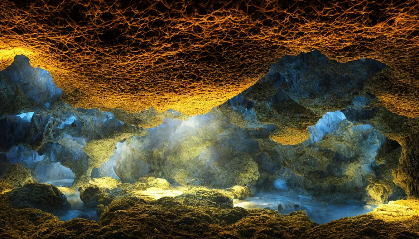 Image similar to expansive caves with growing fungal biodiversity , pools of water reflecting , dramatic dusk sun illuminates areas , volumetric light ,detailed entangled fibres carpet the fallen rocks ,full colour , upscale , 8k