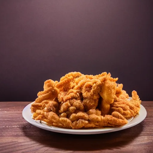 Prompt: a photograph of a funnel cake made out of fried chicken, 4K, HD