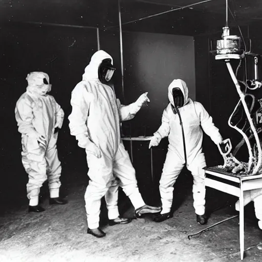 Prompt: old black and white photo, 1 9 1 3, depicting scientists in hazmat suits dissecting an alien biomechanical octopus, historical record