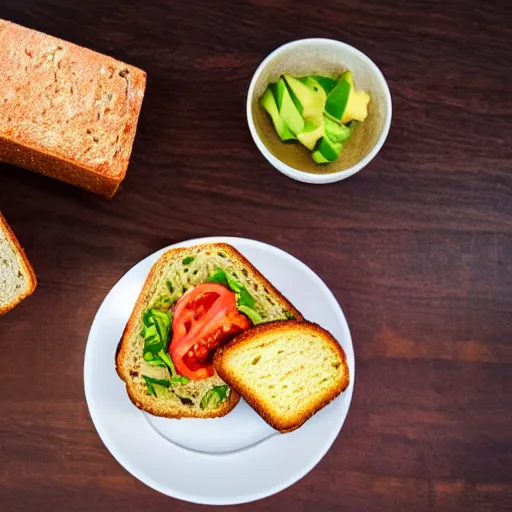 Prompt: sandwich bread with fried tofu, also tomato, onion, avocado and cheddar, over a dish and over a table, sunset background with saturn in the sky, studio photo, amazing light