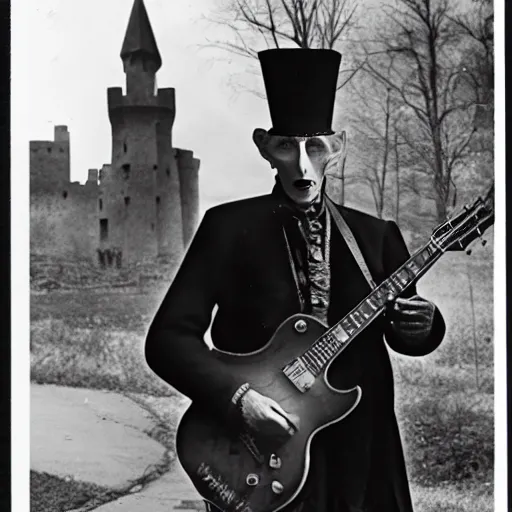 Prompt: vintage photograph of count orlok outside his castle, playing the blues on guitar, castle in the background, 4 k