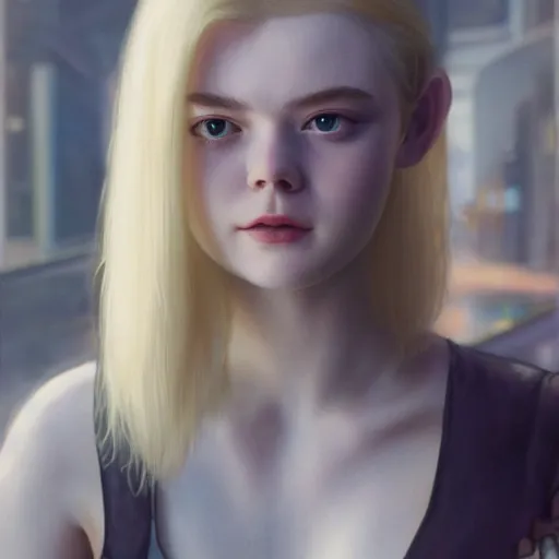 Image similar to Painting of Elle Fanning in Cyberpunk 2077, long blonde hair, delicate, pale milky white porcelain skin, by Edward Hopper. 8K. Extremely detailed.