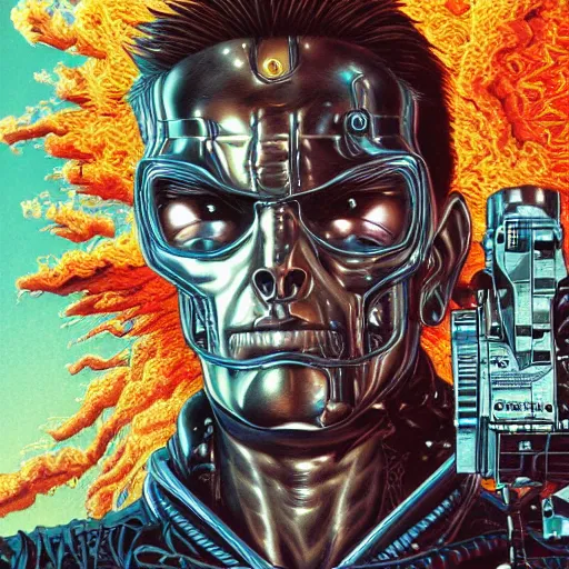 Prompt: portrait closeup of crazy terminator, symmetrical, cinematic colors, by yoichi hatakenaka, masamune shirow, josan gonzales and dan mumford, ayami kojima, takato yamamoto, barclay shaw, karol bak, yukito kishiro