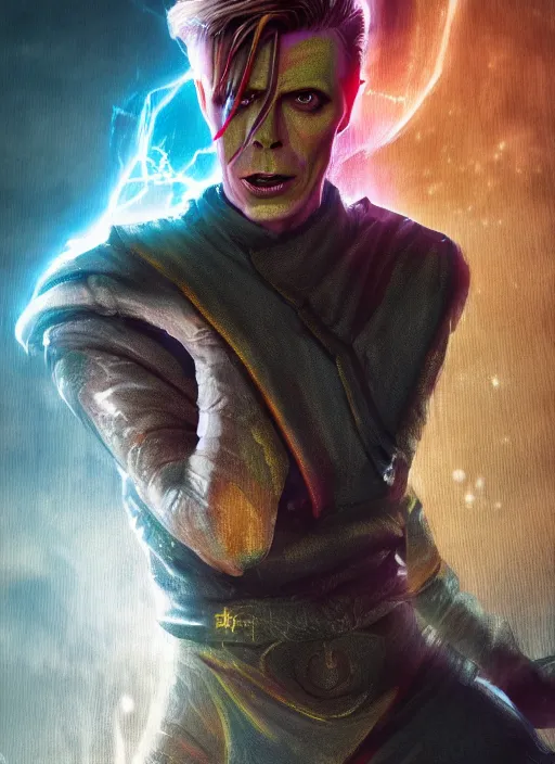 Prompt: A fantasy comic book style portrait painting of David Bowie as a cleric in a stunning fantasy fortress, unreal 5, DAZ, hyperrealistic, octane render, RPG portrait, dynamic lighting