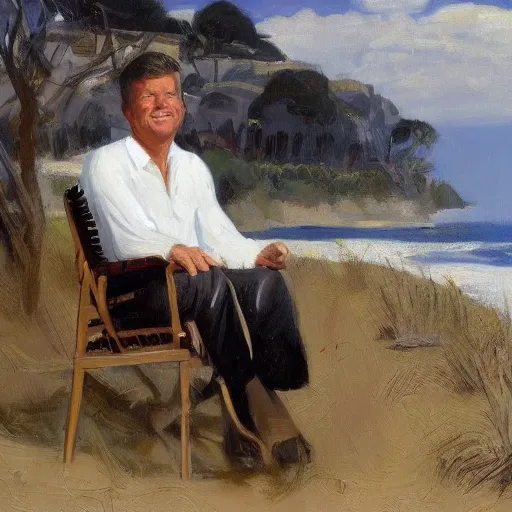 Image similar to portrait of john f kennedy, wrinkled, grey hair, handsome, hawaiian shirt, sitting in chair, landscape of nantucket beach, dunes, ocean, bluff, oil on canvas by william sidney mount - 1 9 8 2, trending on artstation