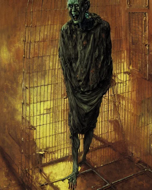 Image similar to oil painting of an old dead figure trapped in a cage in a living room in an old apartment and a dark figure is laughing, Wayne Barlowe digital art, Beksinski impasto painting, part by Egon Schiele, part by Peter Mohrbacher and Gerhard Richter. art by Francisco Goya and Takato Yamamoto,  Francis Bacon masterpiece