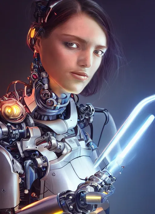 Image similar to ultra realistic full shot of a cyborg woman with mechanical arms, cyberpunk, sci - fi, fantasy, kodak, colour led, soft light, volumetric lighting, night, intricate, elegant, highly detailed, digital painting, artstation, concept art, smooth, sharp focus, illustration, art by artgerm and greg rutkowski and alphonse mucha