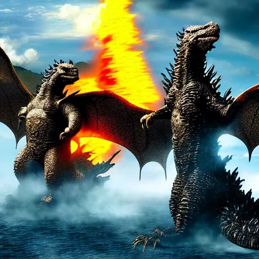 Image similar to godzilla, king ghidorah, mothra, and jet jaguar fighting a fire on monster island, ultra realistic digital art, 4 k