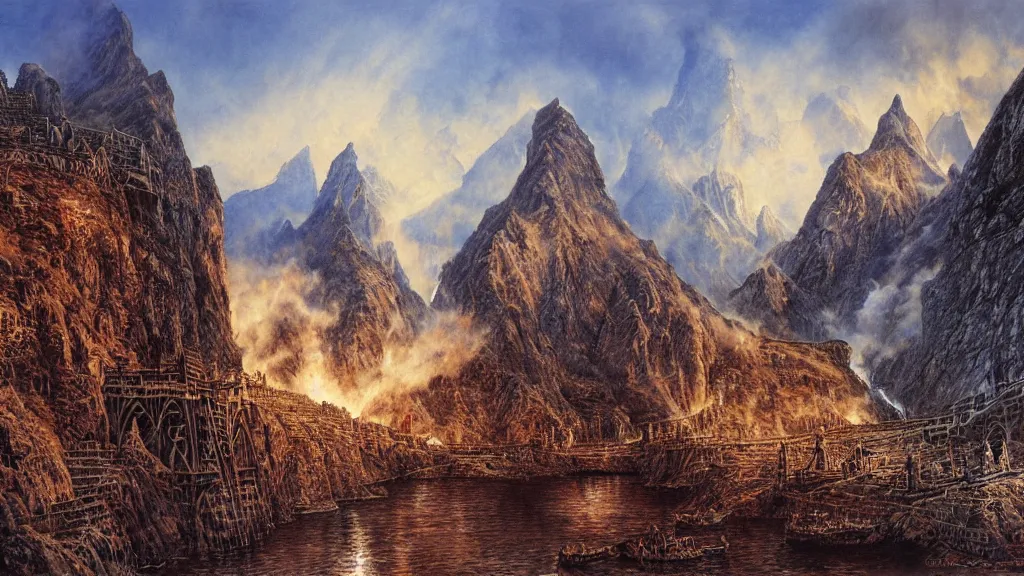 Image similar to beautiful helms deep, hornburg lit by sunshine on a bright day, by alan lee, intricate, smoke trails, lord of the rings calendar, smooth, detailed terrain, oil painting