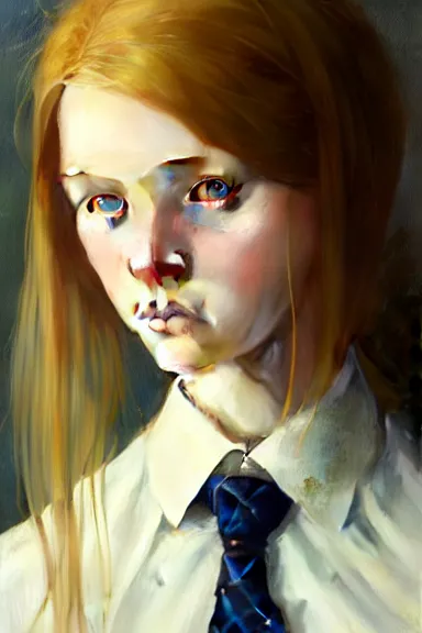 Image similar to portrait of a scottish teenage girl with dirty blonde hair, glowing skin, intelligent face, school uniform, intricate, elegant, dress shirt, highly detailed, digital painting, artstation, concept art, smooth, sharp focus, illustration, art by Krenz Cushart and Artem Demura and alphonse mucha