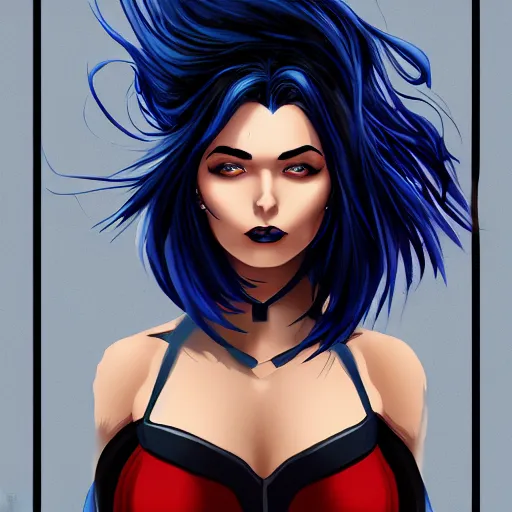 Prompt: a stunning upper body portrait of a beautiful woman with raven blue hair blowing in the wind by marvel comics, digital art, trending on artstation