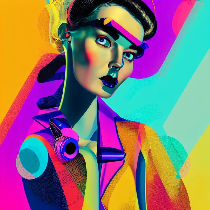 Prompt: portrait of a retro tech fashion model with an exuberant surreal style, colorful, dynamic pose, beautiful realistic face, octane render, vray, detailed, wide angle, halftoned, editorial illustration, matte print, grainy light, ( ( dither ) ), risograph, high contrast, screen print, rich grainy texture