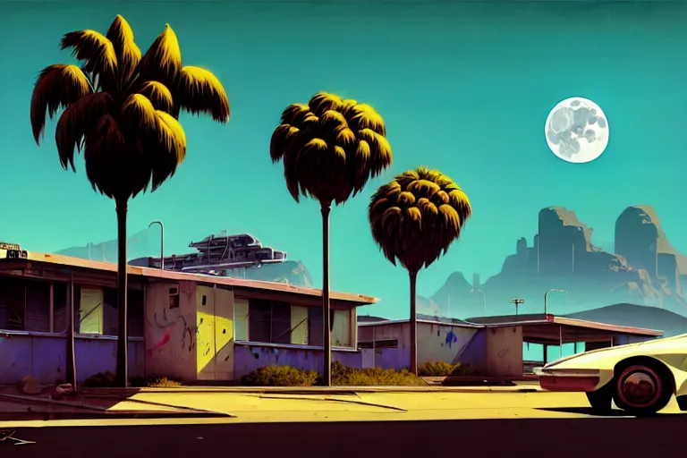 Image similar to broken robot | abandoned motel | palm trees | snowy mountains | moon in sky, painting by syd mead and weta studio and greg rutkowski and james jean and frank frazetta, gta san - andreas game screenshot, highly detailed, rule of third, soft lighting, architectural magazine, insanely intricate details, artstation trending, hypermaximalistic, high details, cinematic