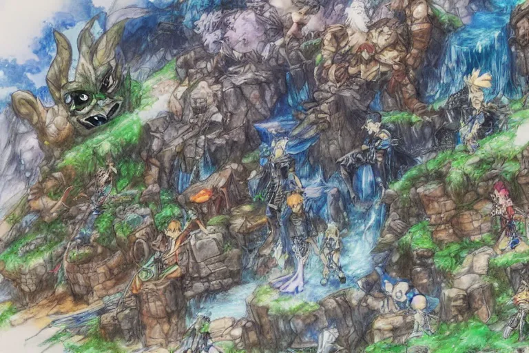 Prompt: A Final Fantasy waterfall landscape with a group of fantasy heroes by Yoshitaka Amano and Shigenori Soejima, concept art, crayons and watercolor sketch