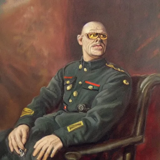 Image similar to a oil painting of a anthropomorphic german shepherd beast - man, wearing military outfit, sitting on an armchair