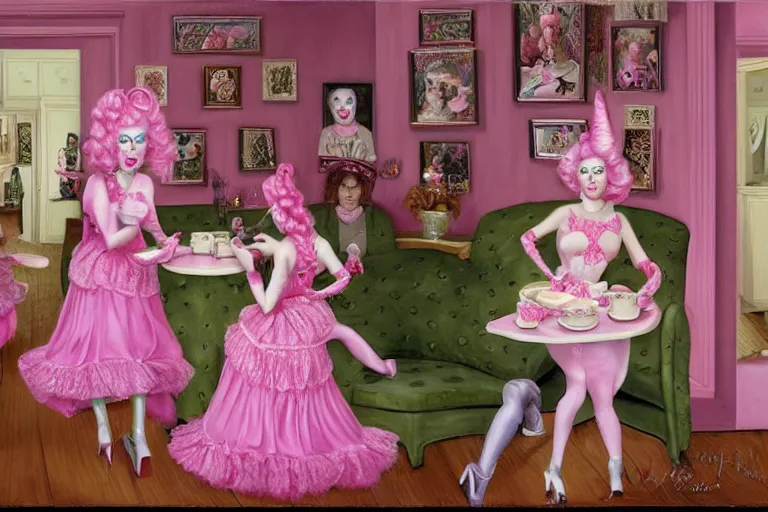 Image similar to Angelyne fights a clone of herself in the tea room, painted by mark ryden