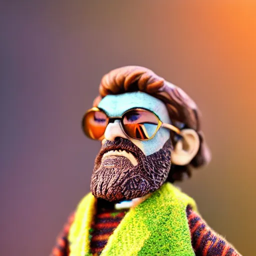 Image similar to close up shot of a bobble head terence mckenna, depth of field, fstop 1. 3