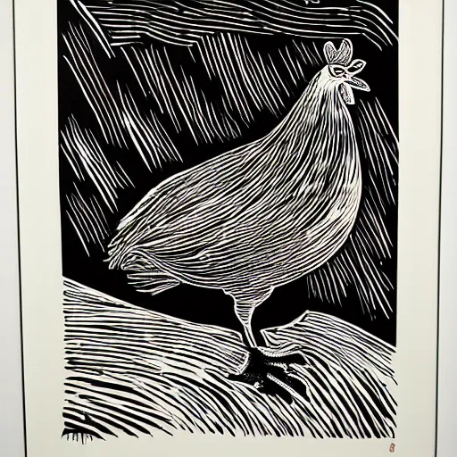 Prompt: a LinoCut Print print of a beautiful a Chicken by Vladimir Zimakov.