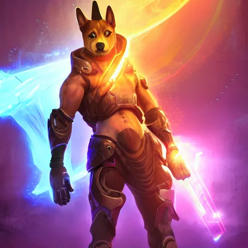 Image similar to neon cybernetic shiba inu warrior as a league of legends character, michael maurino, alex flores, paul kwon, cinematic, highly detailed, concept art, 3 d cgi, dramatic lighting, focus, smooth, heroic, hyper realistic background, in the style of league of legends, lol