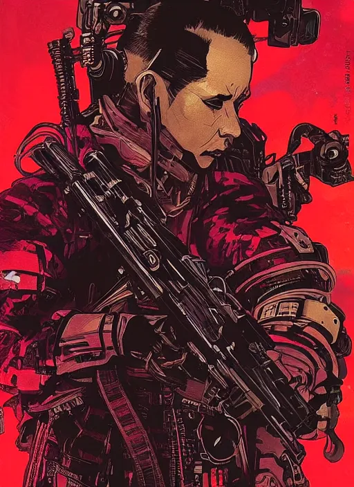 Image similar to cyberpunk blackops samurai. night vision. portrait by ashley wood and alphonse mucha and laurie greasley and josan gonzalez and james gurney. spliner cell, apex legends, rb 6 s, hl 2, d & d, cyberpunk 2 0 7 7. realistic face. dystopian setting.