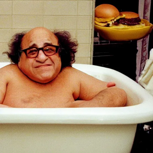 Prompt: Danny Devito in a bathtub filled with hamburgers circa 1999