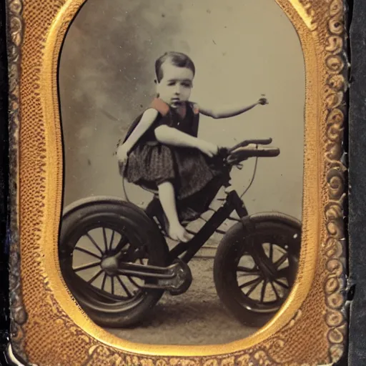 Image similar to tintype photo of child riding huge beetle