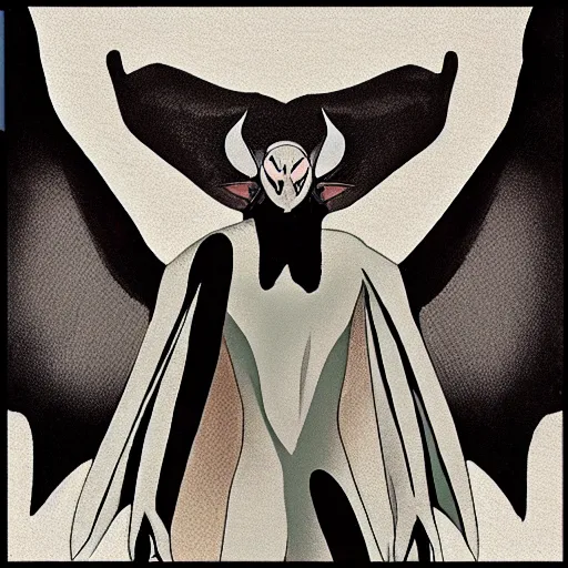 Image similar to photo of mothman with giant wings , cel animation by Manabu Oshashi and Satoshi Kon, professionally post-processed , beautiful, scary, symmetry accurate features, epic, octane rendered, anime masterpiece, accurate