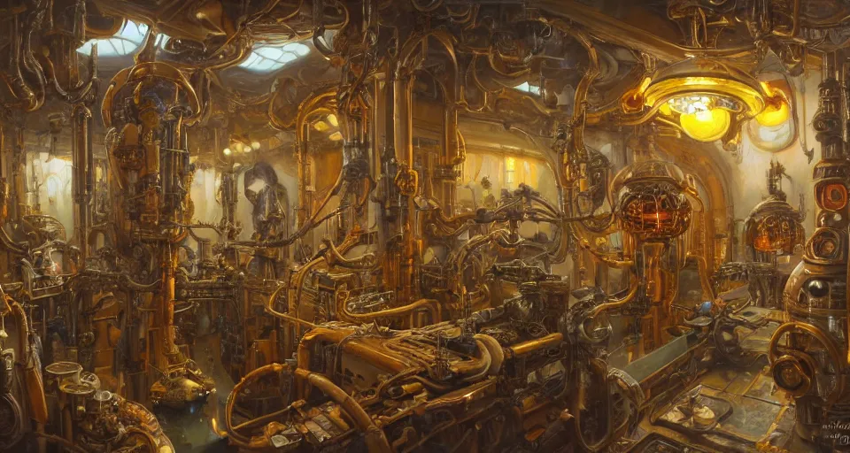 Prompt: an oil painting by donato giancola, warm coloured, cinematic scifi luxurious futuristic biomechanical victorian garden laboratory of courtyard with bulbous alien floral fungi cactus growing out of pretty ceramic baroque science equipment, beeple, halo, star wars, ilm, star citizen, halo, mass effect, artstation