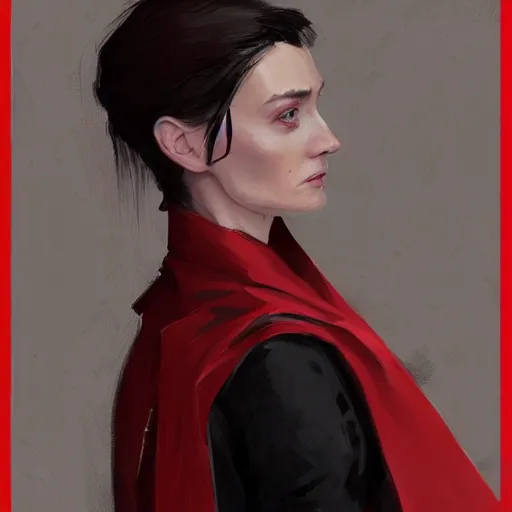 Image similar to portrait of a woman by greg rutkowski, she looks like elizabeth debicki, pale skin with black hair, she is wearing a red and black kevlar gear with a cape, highly detailed portrait, digital painting, artstation, concept art, smooth, sharp foccus ilustration, artstation hq