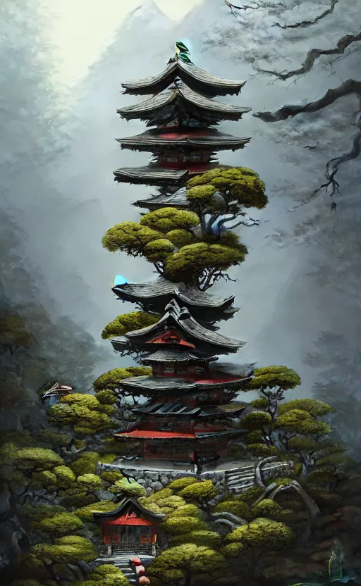 Image similar to japanese style shrine on top of a misty mountain overgrown, hyper realistic, lush gnarly plants, 8 k, denoised, by greg rutkowski, tom bagshaw, james gurney cinematic lighting