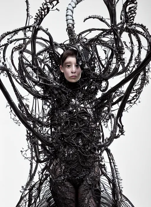 Image similar to walking down the catwalk, ben watts, show, stage, vogue photo, podium, fashion show photo, historical baroque dress dark, iris van herpen, beautiful woman, masterpiece, intricate, biopunk, vogue, full body shot, alien, plant predator, guyver, wires, veins, jellyfish, white biomechanical details, highly detailed