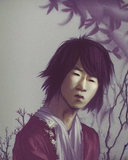 Prompt: a handsome but creepy young asian man in layers of fear, with haunted eyes, violence in his eyes, wild hair, wearing a punk outfit, 1 9 7 0 s, seventies, delicate embellishments, a little blood, woodland, moonlight shining on wildflowers, painterly, offset printing technique, by alexandre cabanel