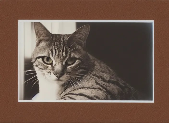 Image similar to photography polaroid of a Jack Cat . watching outside the window. on a bed. in a 70's room full of vinyls and posters, photorealistic, award winning photo, 100mm, sharp, high res