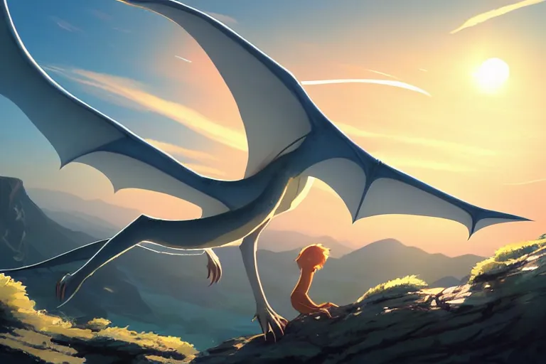 Prompt: a closeup of a large smooth skinned white creature hybrid pterosaur alien, small quills along it's back, long fangs, sitting on a cliff high in the sky, sunset, backlit, beautiful composition, by makoto shinkai an krenz cushart