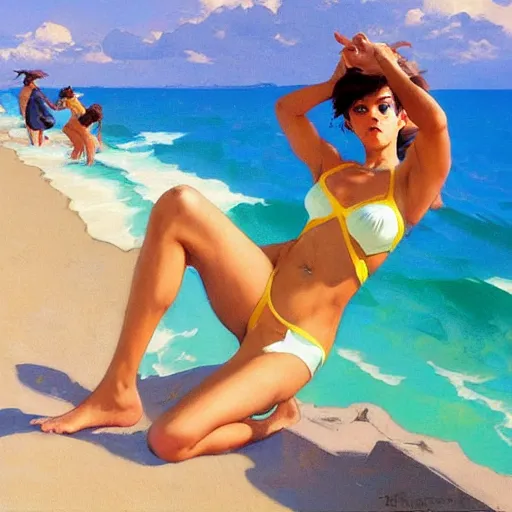 Prompt: greg manchess painting of tracer wearing a bikini in a beach, medium shot, organic painting, sunny day, bold shapes, hard edges, street art, trending on artstation, by huang guangjian and gil elvgren and sachin teng and artgerm and greg rutkowski and alphonse mucha