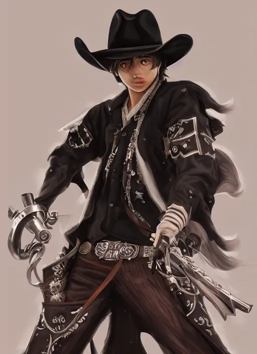 Prompt: a highly detailed illustration of kento yamazaki as a cowboy wearing black cowboy hat, dramatic smiling wielding revolvers pose, perfect face, intricate, elegant, highly detailed, centered, digital painting, artstation, concept art, smooth, sharp focus, league of legends concept art, wlop