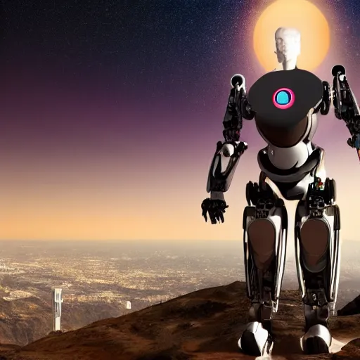 Prompt: a huge sci - fi city with a robotic man standing portrait in front of the image on a mountain, 4 k photorealistic, 8 k, nasa, space, stars