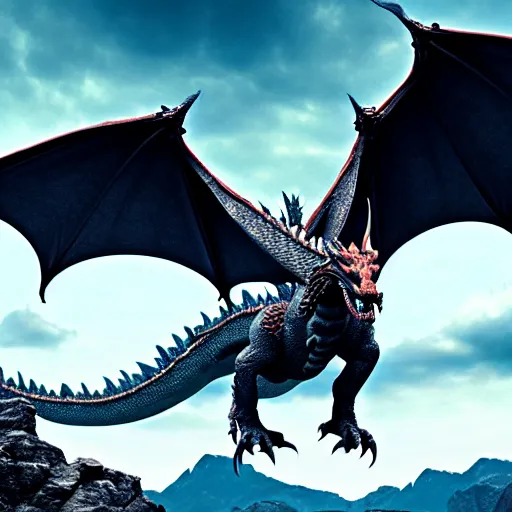 Image similar to giant dragon standing on a mountain, highly detailed, 4 k, hdr, award - winning, directed by zack snyder