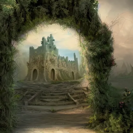 Image similar to beautiful matte painting of entrance to maze