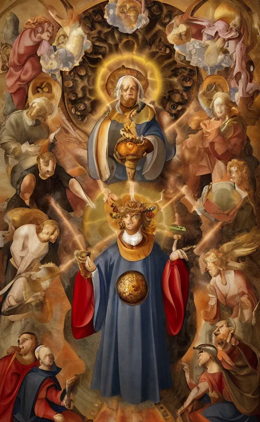 Prompt: a renaissance fresco of the pokemon ammonite wearing the clothes of a bishop and holding a scepter, giving a sermon, mood lighting, stunning art, religious awe, high resolution, sharp - focus