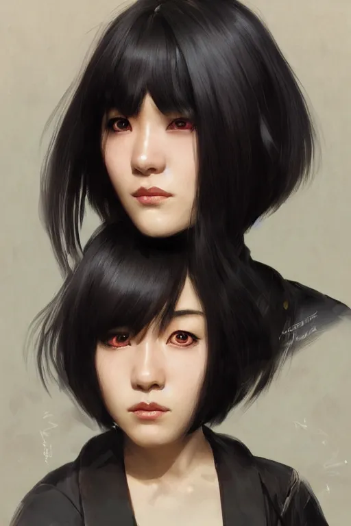 Image similar to science-fiction character portrait of Nakamura Aya, black hair cut in a bob, perfect facial features, highly detailed, digital painting, artstation, upper body, concept art, smooth, sharp focus, illustration, art by artgerm and greg rutkowski and alphonse mucha