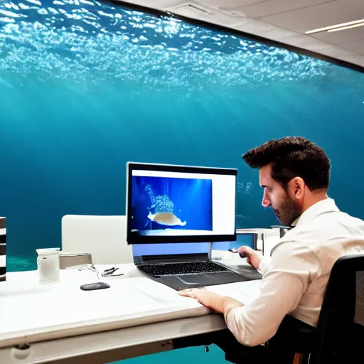 Image similar to photo of someone underwater working at an office desk, cinematic